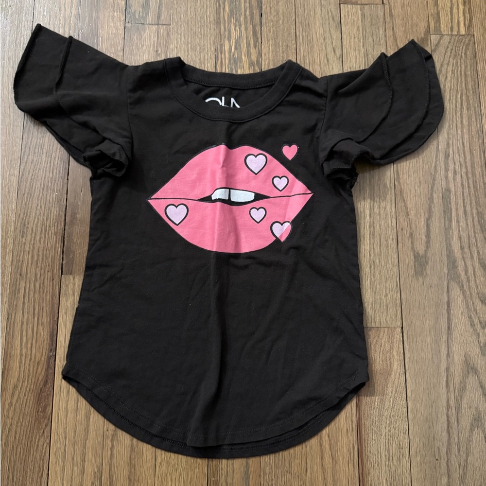 Girls’ Chaser Black Tee with Pink Lips and Hearts
